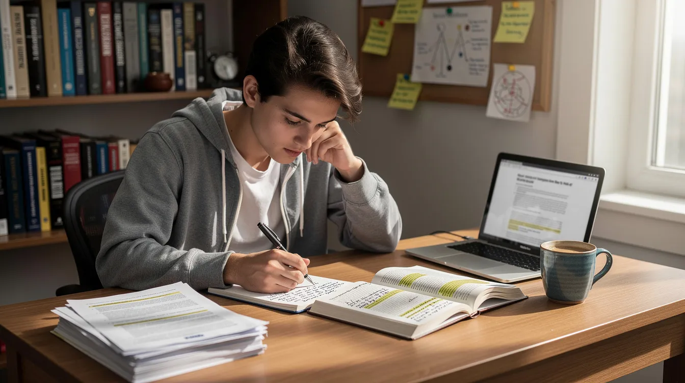 Na zdjęciu widzimy studenta psychologii siedzącego przy biurku, przeglądającego dokumenty i notatki związane z dziennikiem praktyk psychologia. Student koncentruje się na analizie materiał&oacute;w, co jest istotne dla zdobycia doświadczenia i umiejętności potrzebnych w pracy psychologa.