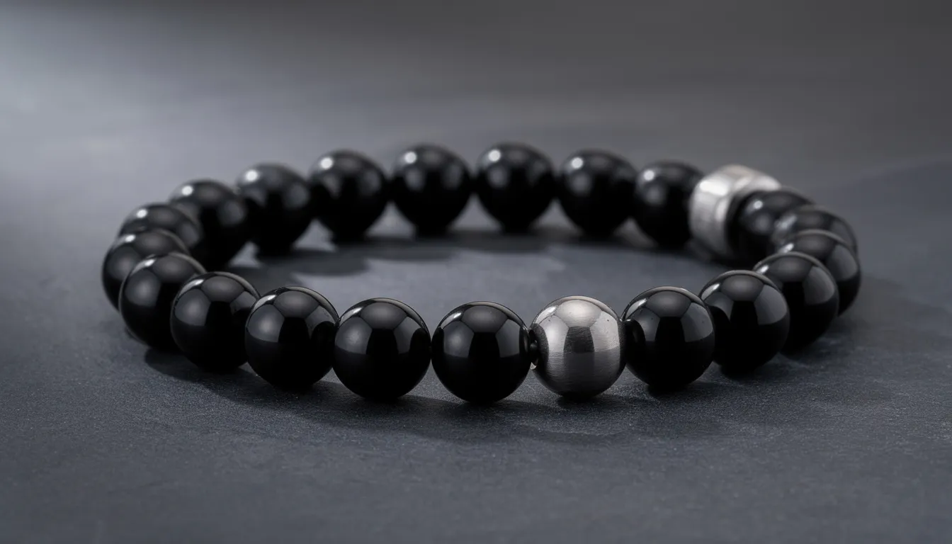 The image features a stylish onyx bracelet made of polished black onyx beads, showcasing a sleek and minimalist design that is perfect for men. This bold accessory not only serves as a statement piece but also symbolizes strength and emotional balance.
