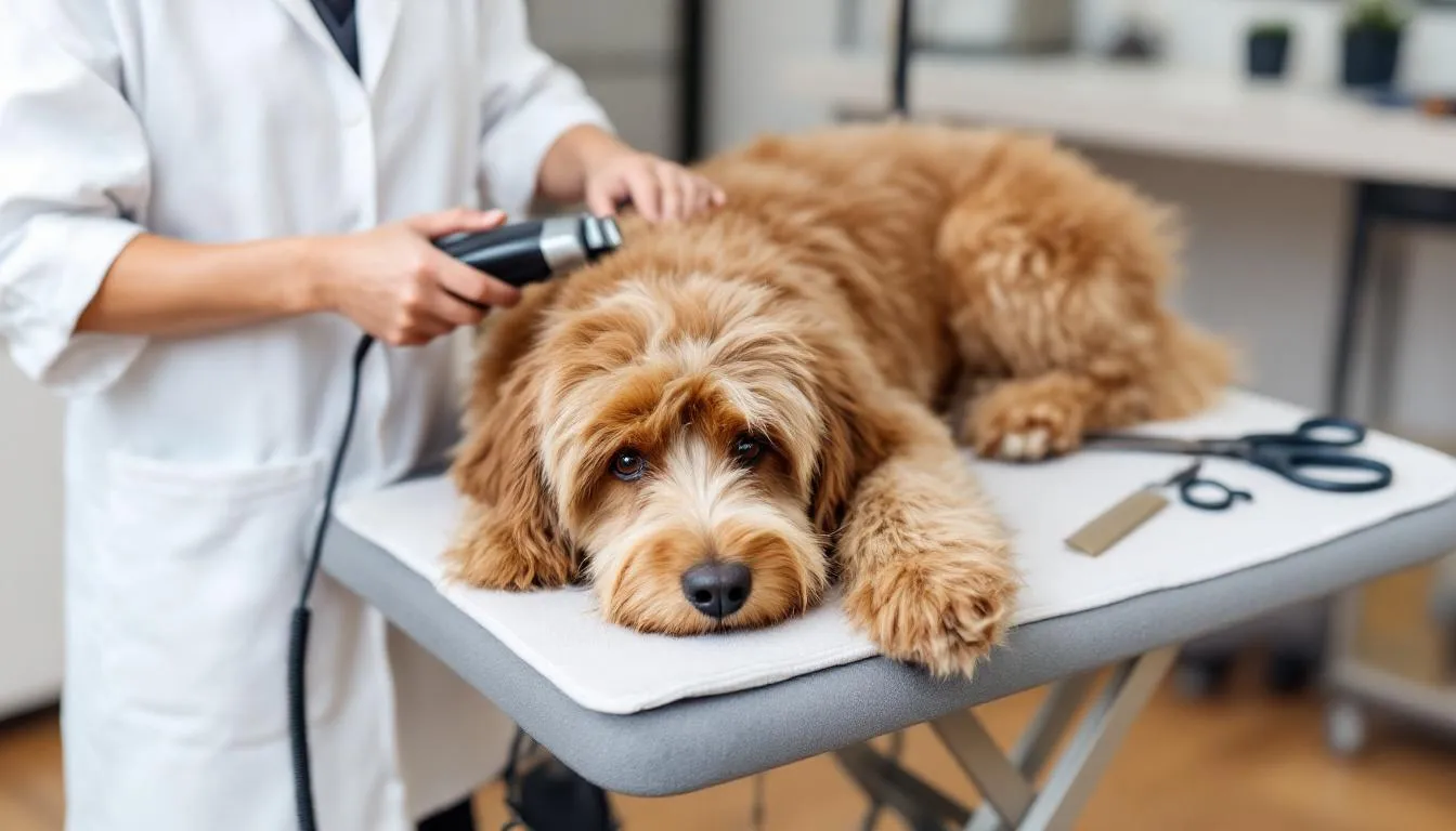 A calm bernedoodle is being professionally groomed, showcasing its curly coat and gentle demeanor during the grooming process. The scene highlights the importance of regular grooming for this mixed breed, known for being excellent family dogs and having a hypoallergenic coat.