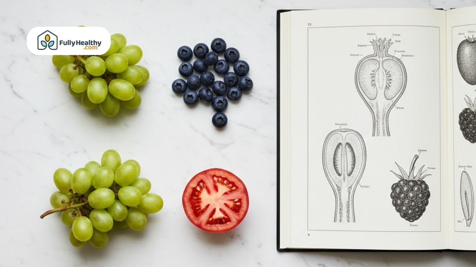 Grapes blueberries and tomato with open botany book showing fruit anatomy
