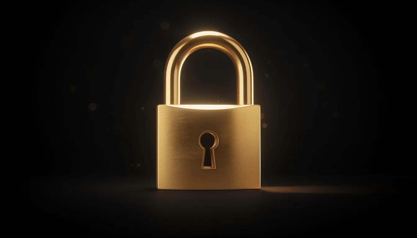 Online Casinos ohne Lizenz 2026 – Chancen, Risiken & aktuelle Anbieter 28 Das Bild zeigt ein goldenes Vorhängeschloss auf einem dunklen Hintergrund, das Sicherheit und Schutz symbolisiert, was besonders wichtig für Spieler in Online-Casinos ohne Lizenz ist. Es vermittelt das Gefühl von Vertrauen und Verifizierung in der Welt des Online-Glücksspiels.