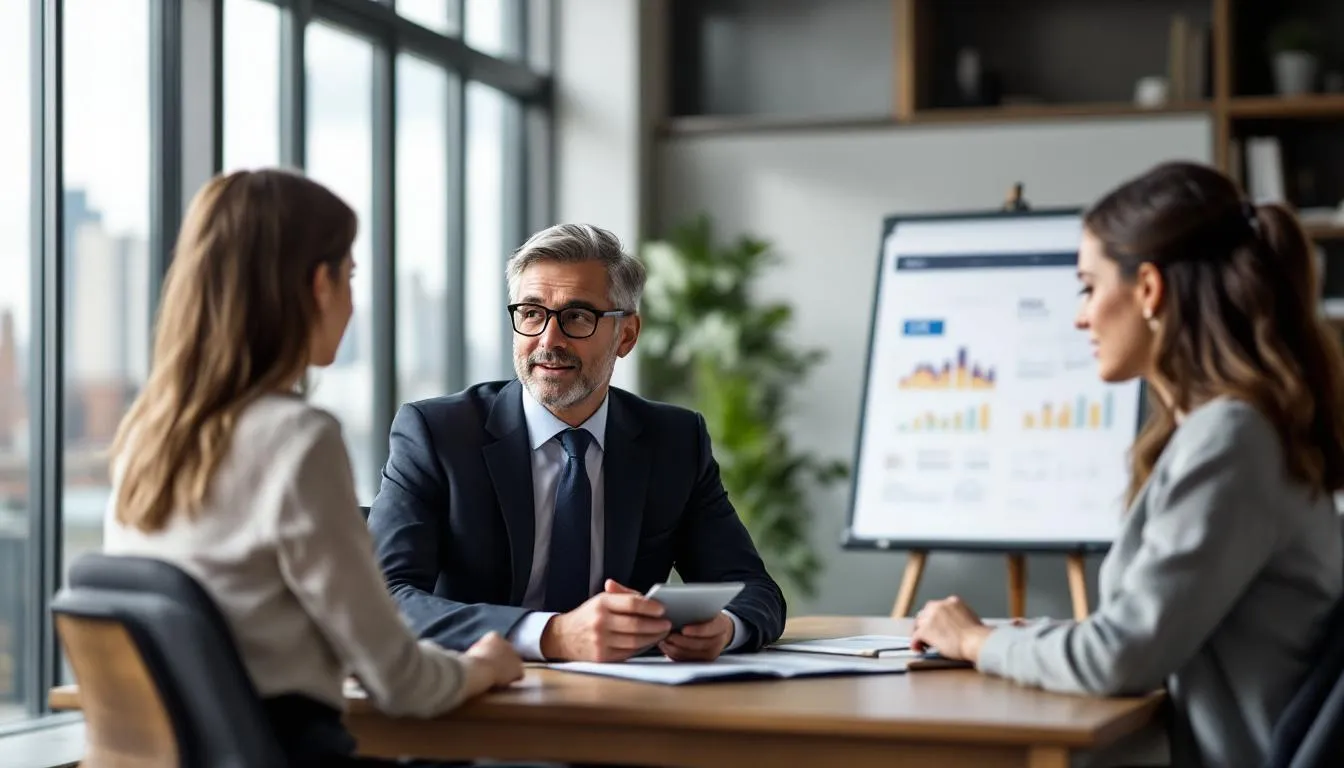 A financial advisor and a client are engaged in a professional consultation, discussing various gold IRA options, including the benefits of investing in physical gold and other precious metals for retirement savings. The advisor highlights the tax advantages and different gold IRA companies available, ensuring the client understands the implications of their investment choices.