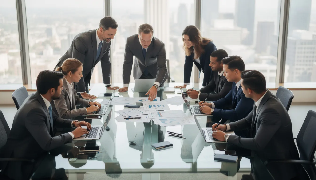 Des professionnels d'affaires se réunissent autour d'une table de conférence pour examiner des documents relatifs à la mise en place d'un plan de continuité d'activité (PCA) et de reprise d'activité (PRA), afin d'assurer la continuité des opérations de l'entreprise en cas d'incident. L'atmosphère est sérieuse et collaborative, illustrant l'importance de la gestion des risques et de la résilience organisationnelle.