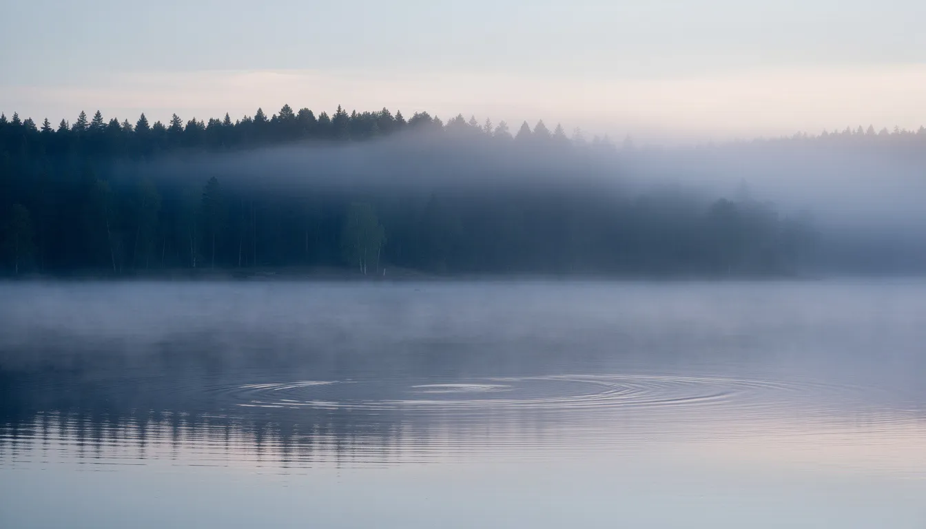 En lugn sjövy med dimma som sveper över vattnet, omgiven av en tät skog i bakgrunden. Den stilla atmosfären skapar en känsla av ro och avskildhet.