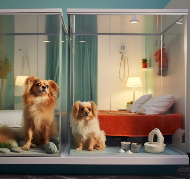 A PetSmart Hotel room with a bed and a TV for a pet's overnight stay