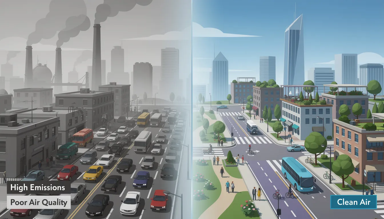 The image depicts an urban landscape illustrating the contrast in air quality between areas with high emissions, likely from diesel engines, and those with low emissions. Visual indicators such as color-coded zones or graphs highlight the levels of harmful pollutants, including diesel particulate matter and nitrogen oxides, emphasizing the impact of emissions systems like diesel particulate filters and exhaust gas recirculation on the environment.