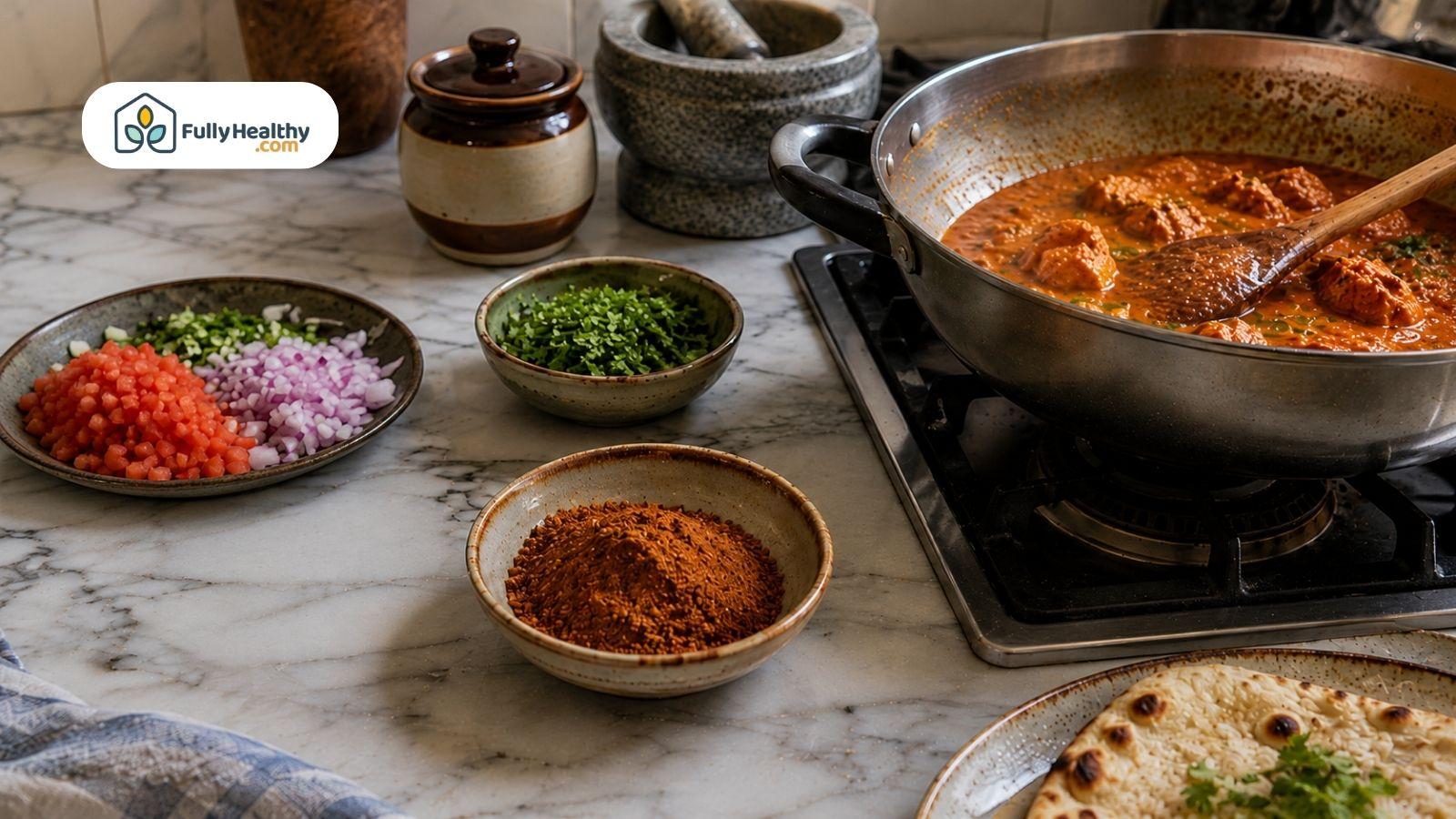 Masala spices simmering in curry with fresh ingredients and naan bread.