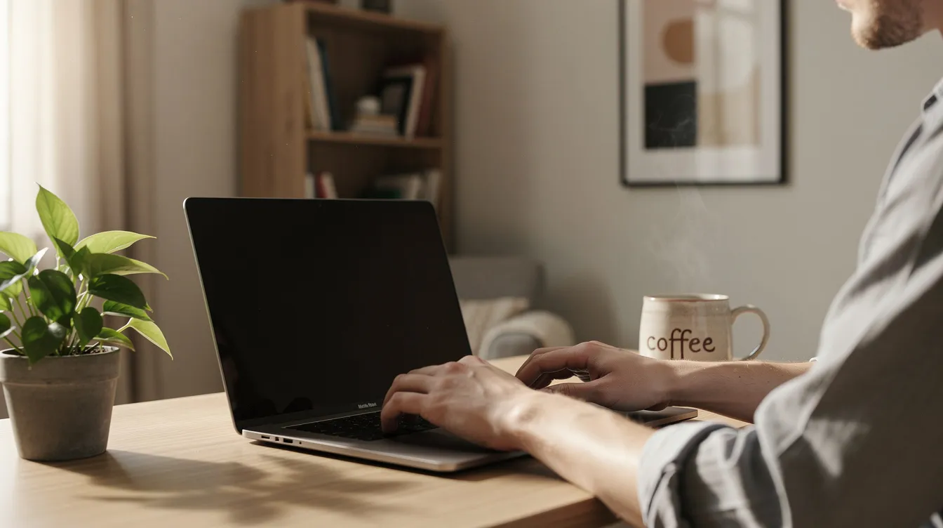 A person typing on a laptop in a casual home office with a coffee mug and a small plant nearby, the kind of setup where many solo developers use AI coding tools.