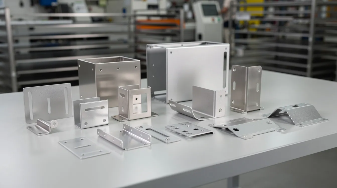 The image showcases a variety of finished sheet metal parts, including enclosures, brackets, and panels, meticulously arranged on a factory inspection table. These components exemplify the quality and precision associated with the sheet metal fabrication process, highlighting their structural integrity and suitability for various industries.