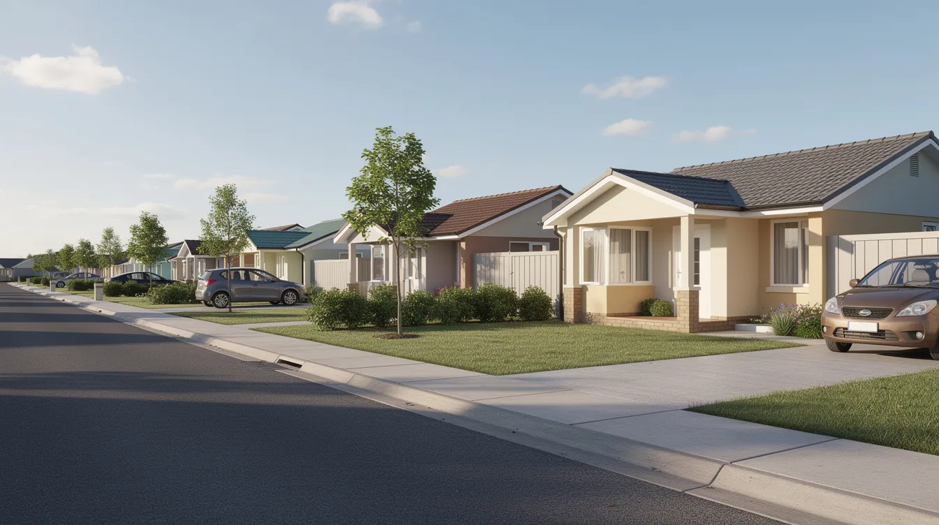 The image depicts a quiet suburban street lined with modest single-storey houses, each featuring small front yards. This scene reflects the typical environment where real estate investors might consider flipping houses, assessing purchase prices and renovation costs to maximize profit potential in the real estate market.