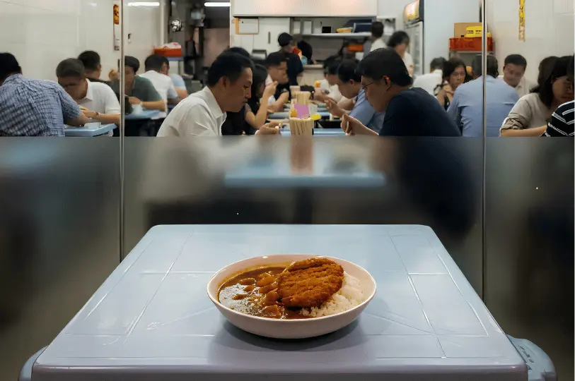 A bowl of Japanese katsu curry with rice sitting on a light blue plastic table in the foreground, set against a partially frosted glass partition that reveals a bustling, brightly lit local Singaporean eatery filled with diners in the background.