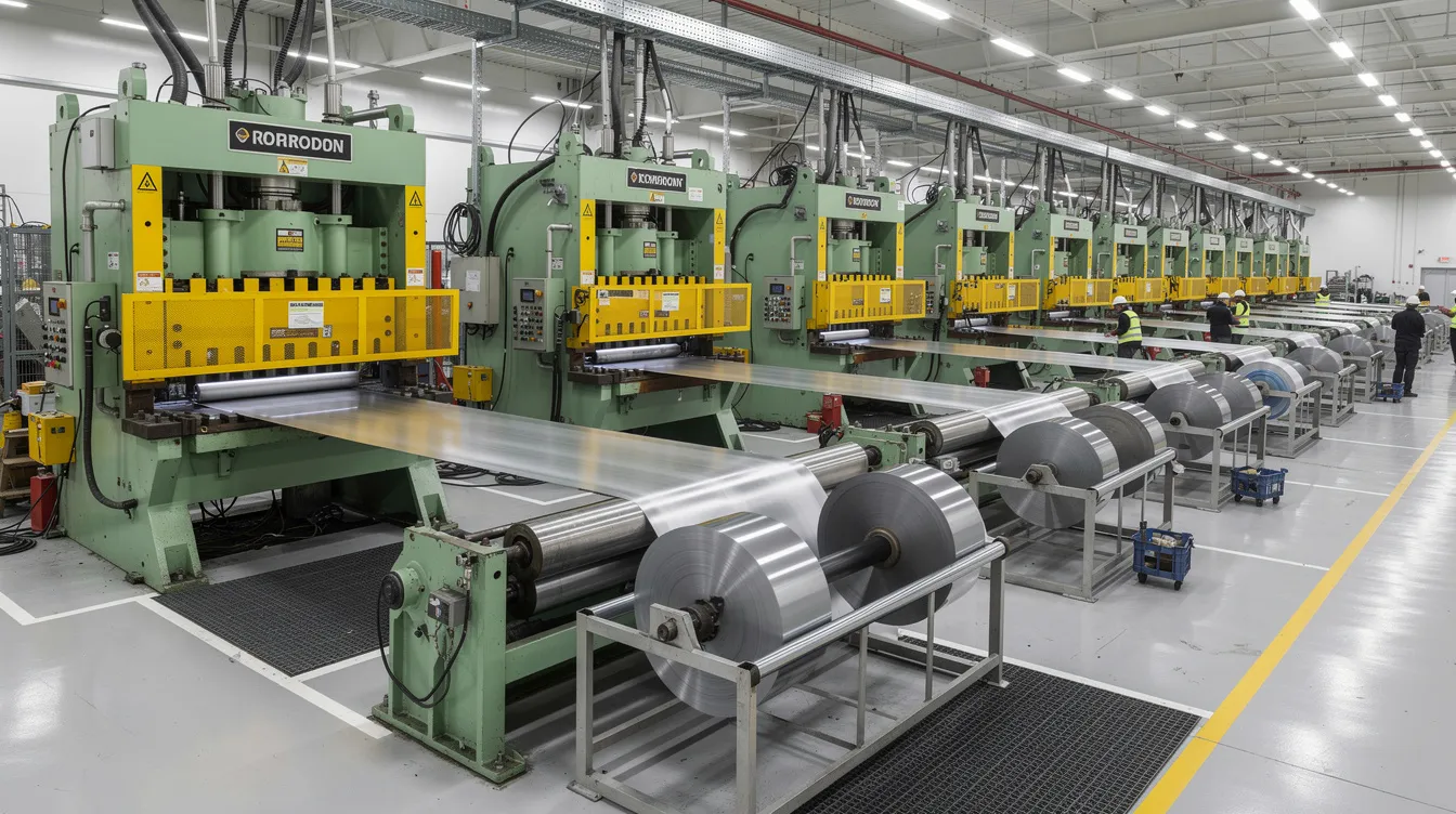 The image depicts an industrial manufacturing floor featuring a row of mechanical presses alongside automated coil feeding equipment, showcasing the sheet metal fabrication process. This setup is designed for high volume production of custom sheet metal parts, highlighting the capabilities of modern metal fabrication services.