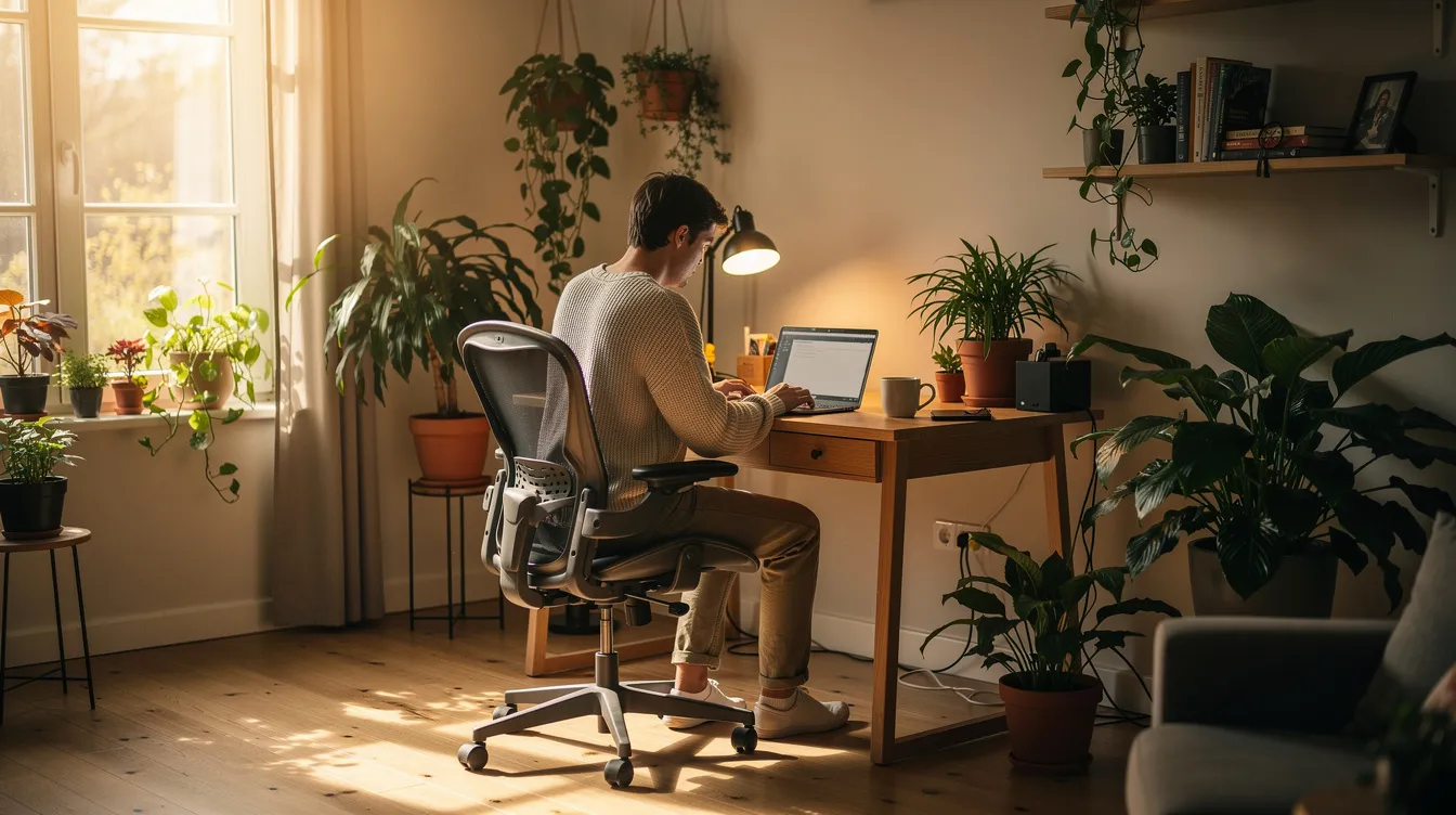Na obrazku widoczna jest osoba pracująca na laptopie w przytulnym home office, otoczona zielonymi roślinami, co tworzy przyjemną atmosferę do pracy. W tle można dostrzec elementy związane z biurem rachunkowym online, takie jak dokumenty księgowe i notatki dotyczące działalności gospodarczej.