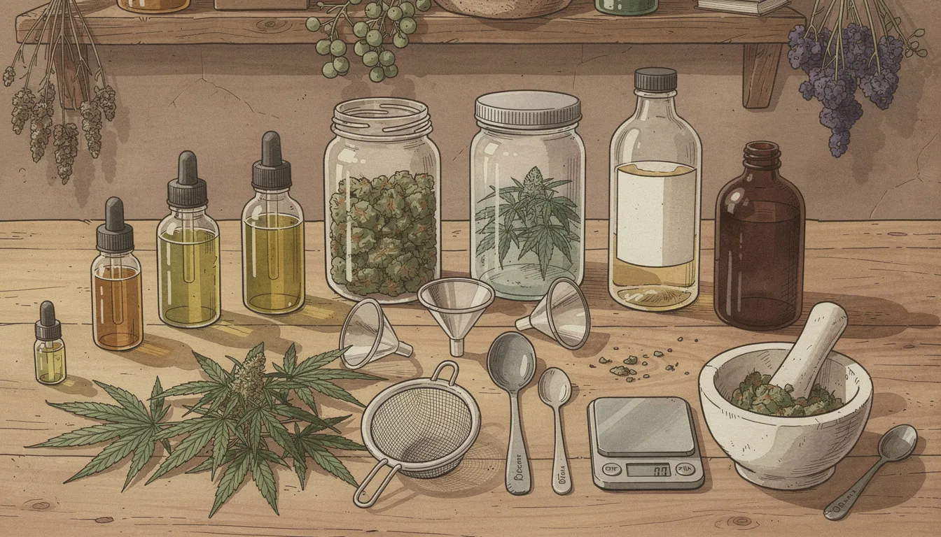 Zutaten und Werkzeuge zur Herstellung von Cannabis-Tinkturen, einschließlich Pflanzenmaterial und Alkohol.