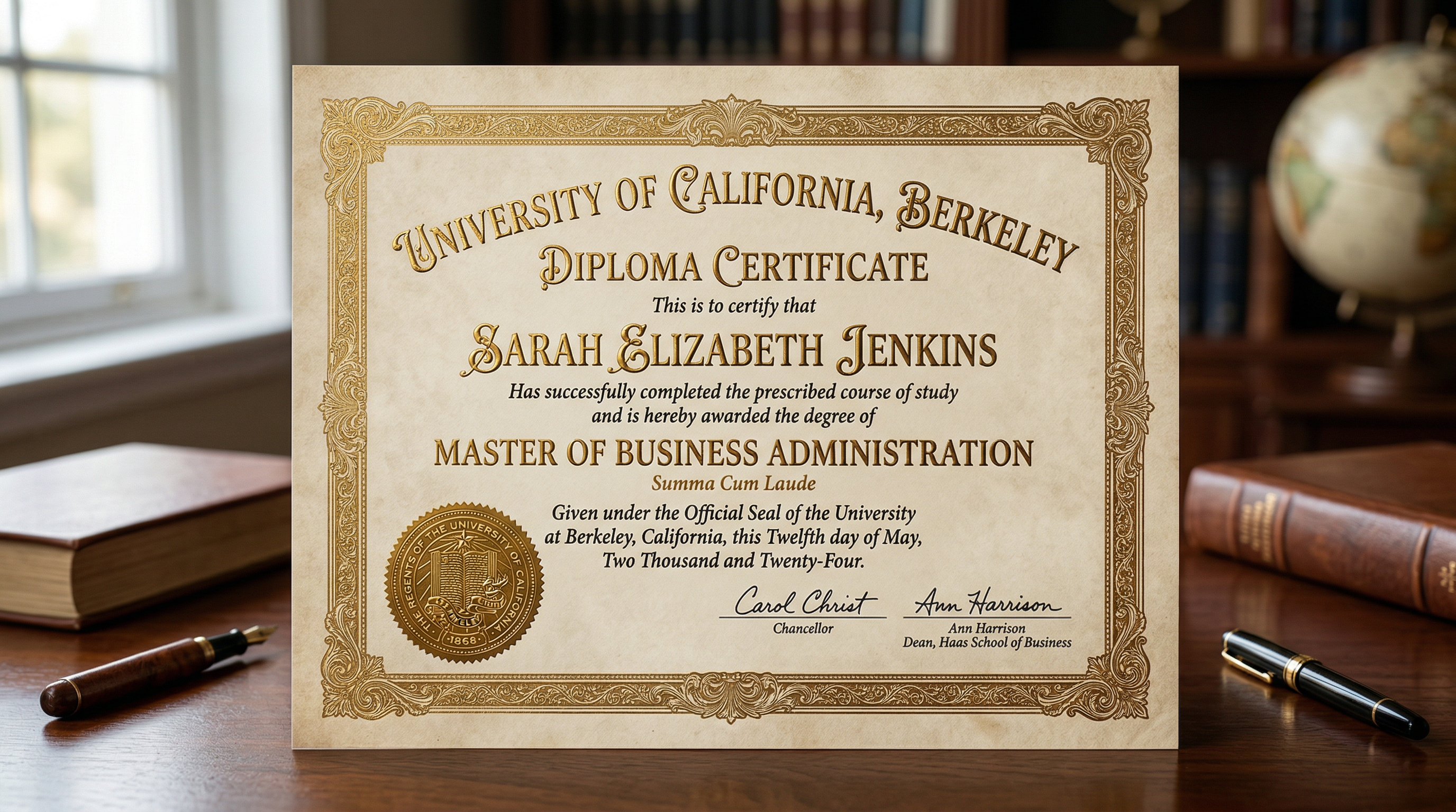Premium replica diploma with embossed lettering and gold foil seal crafted by Diploma Makers