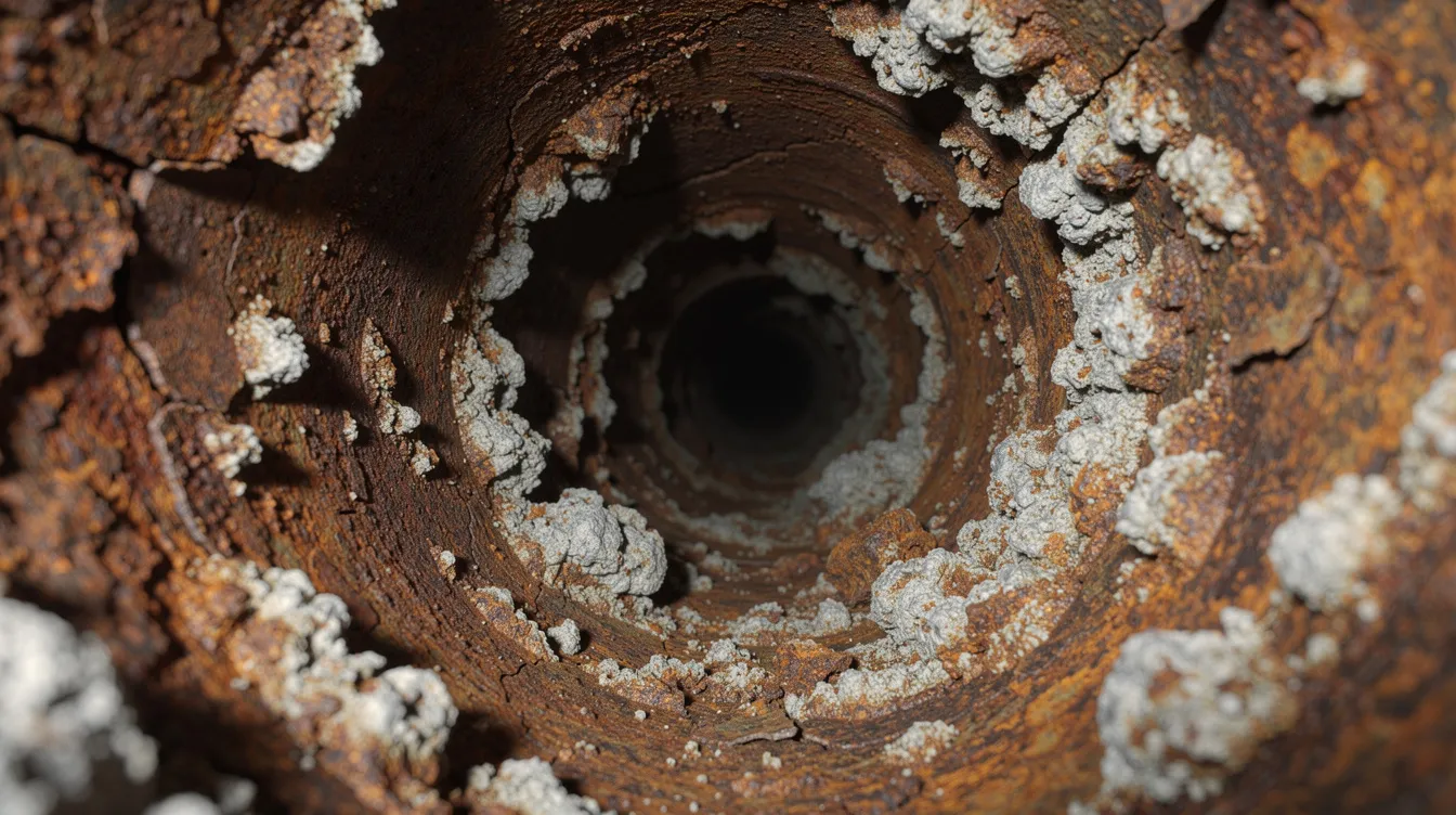This image shows a close-up view of the corroded and scaled interior of an old cast iron pipe, highlighting the various issues that can be detected during a drain inspection using specialized cameras. The intricate details of the corrosion and scale buildup are visible, emphasizing the need for regular maintenance and access to effective inspection tools.