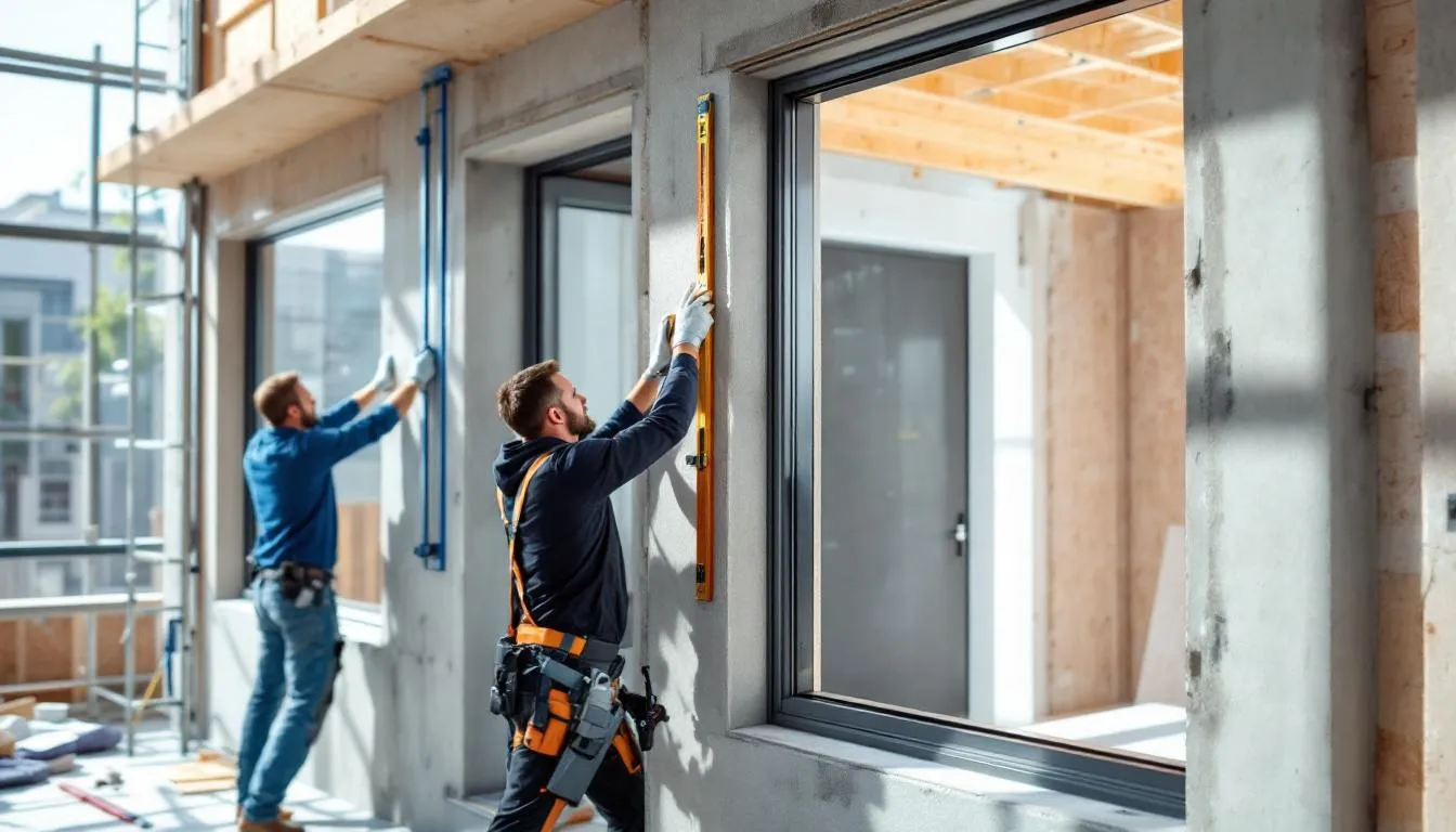 Het beeld toont het installatieproces van moderne k vision kozijnen in een nieuwbouwproject, waarbij de robuuste uitstraling en rechte hoeken van de kunststof kozijnen duidelijk zichtbaar zijn. De montage op een stelkozijn zorgt voor een perfecte luchtdichtheid en benadrukt de duurzame en onderhoudsarme eigenschappen van deze innovatieve bouwstijl.