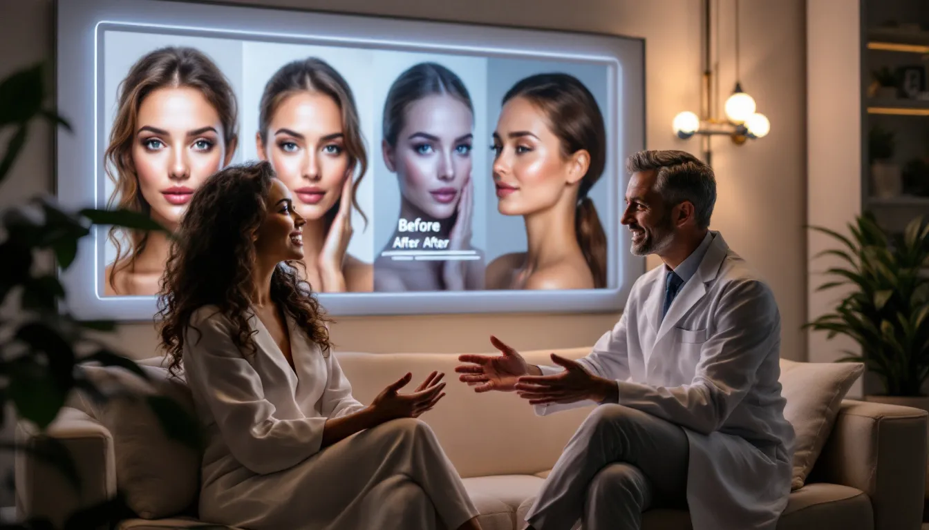 A consultation scene with a practitioner and a patient discussing cosmetic procedures.