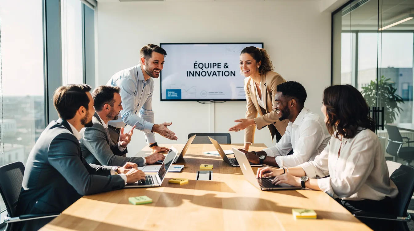 Une équipe de professionnels collabore avec énergie autour d'une grande table dans un bureau moderne et lumineux, illustrant un environnement de travail dynamique où la motivation et l'engagement des collaborateurs sont essentiels pour atteindre les objectifs et favoriser la réussite des projets.