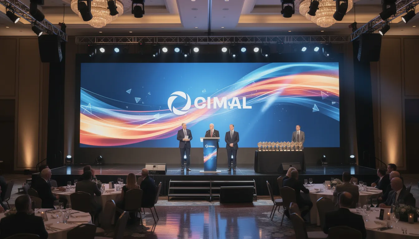 The image depicts a corporate awards ceremony taking place on a hotel stage, featuring a large LED video wall as the backdrop that displays branding and event graphics. The setup includes multiple screens and digital signage to enhance the visual experience for attendees, showcasing the professionalism of event organizers.