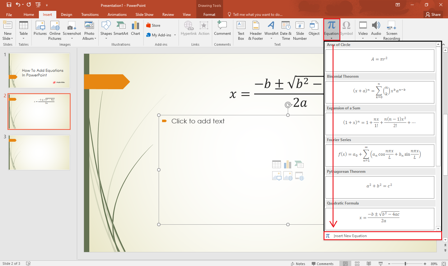Select the "Insert New Equation" in the drop-down menu to manually add new equations in your slide.