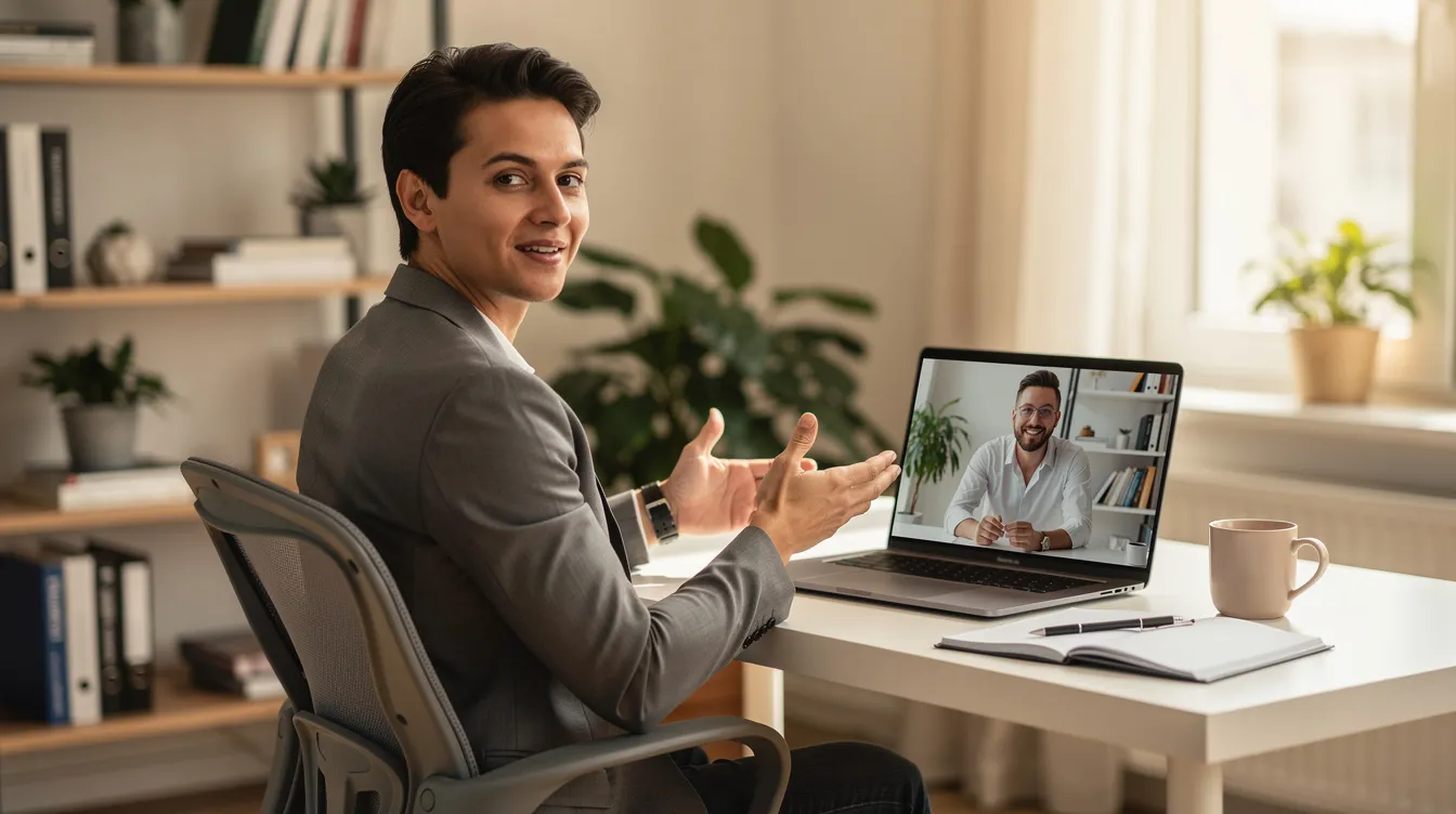 A small business owner is seated at a desk, engaged in a video call with a remote team member, both appearing professional and focused. This scene highlights the importance of clear communication and effective delegation skills as they discuss specific tasks and monitor progress for their growing business.