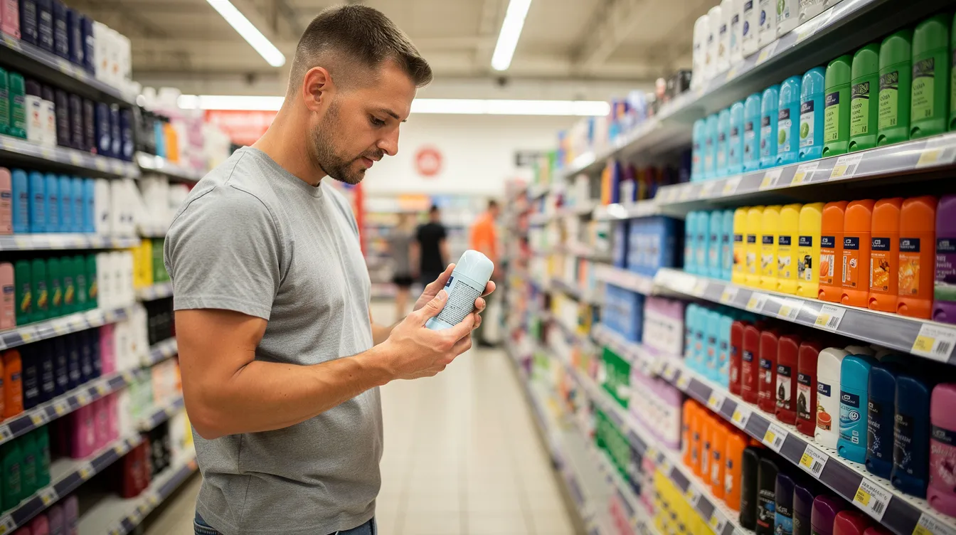 A man stands in a store aisle, carefully reading the back label of a solid stick deodorant designed for sensitive skin. The product emphasizes natural ingredients, is aluminum free, and aims to neutralize odor while providing effective odor protection without harsh chemicals.