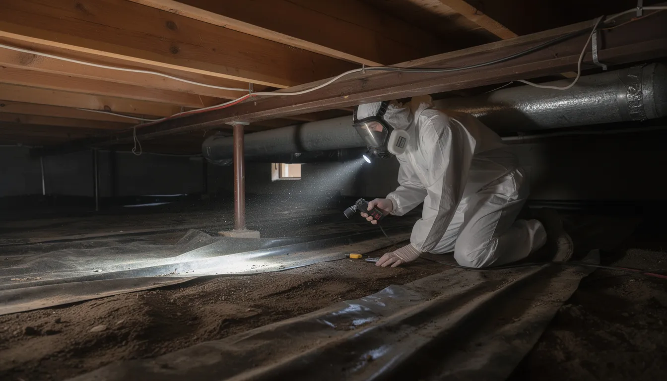 A worker in a protective suit is seen inside a residential crawl space, equipped with specialized equipment to address a mold infestation. The scene highlights the importance of professional mold remediation in preventing future mold growth and ensuring safety from toxic mold exposure.