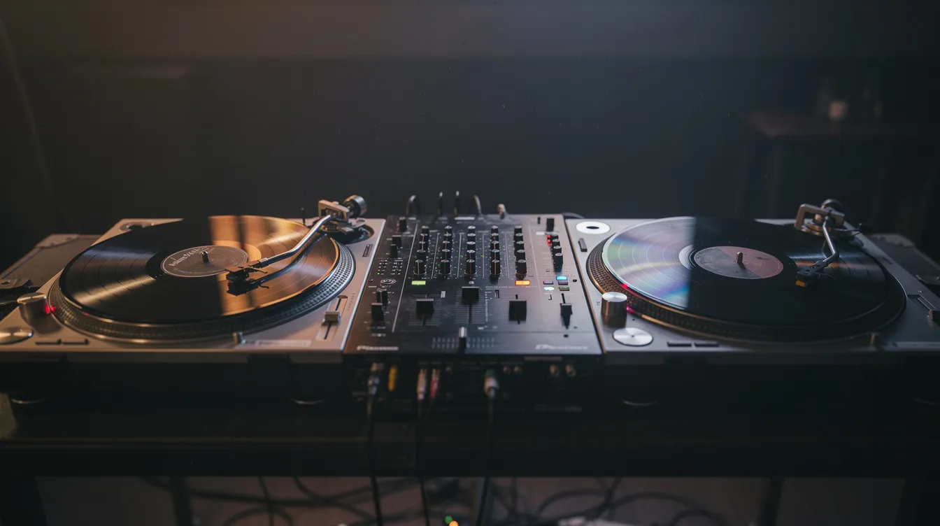 In einem abgedunkelten Raum stehen zwei Turntables mit Vinyl-Schallplatten und einem Mischpult, bereit für einen DJ, um verschiedene Musikgenres wie Hip Hop, Jazz und Blues zu spielen. Die Atmosphäre ist geprägt von Rhythmus und der Vorfreude auf eine musikalische Darbietung.