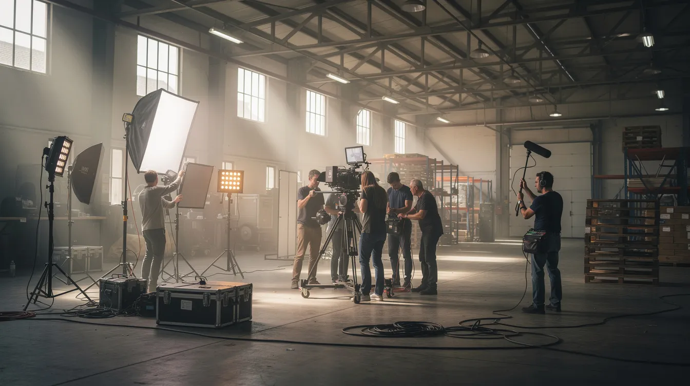 A film production team, including directors and union members, is setting up video equipment in a spacious industrial warehouse, preparing for a project that showcases the skills and performances of screen actors and actresses. The atmosphere is filled with anticipation as they work together to create quality media for their upcoming motion picture.