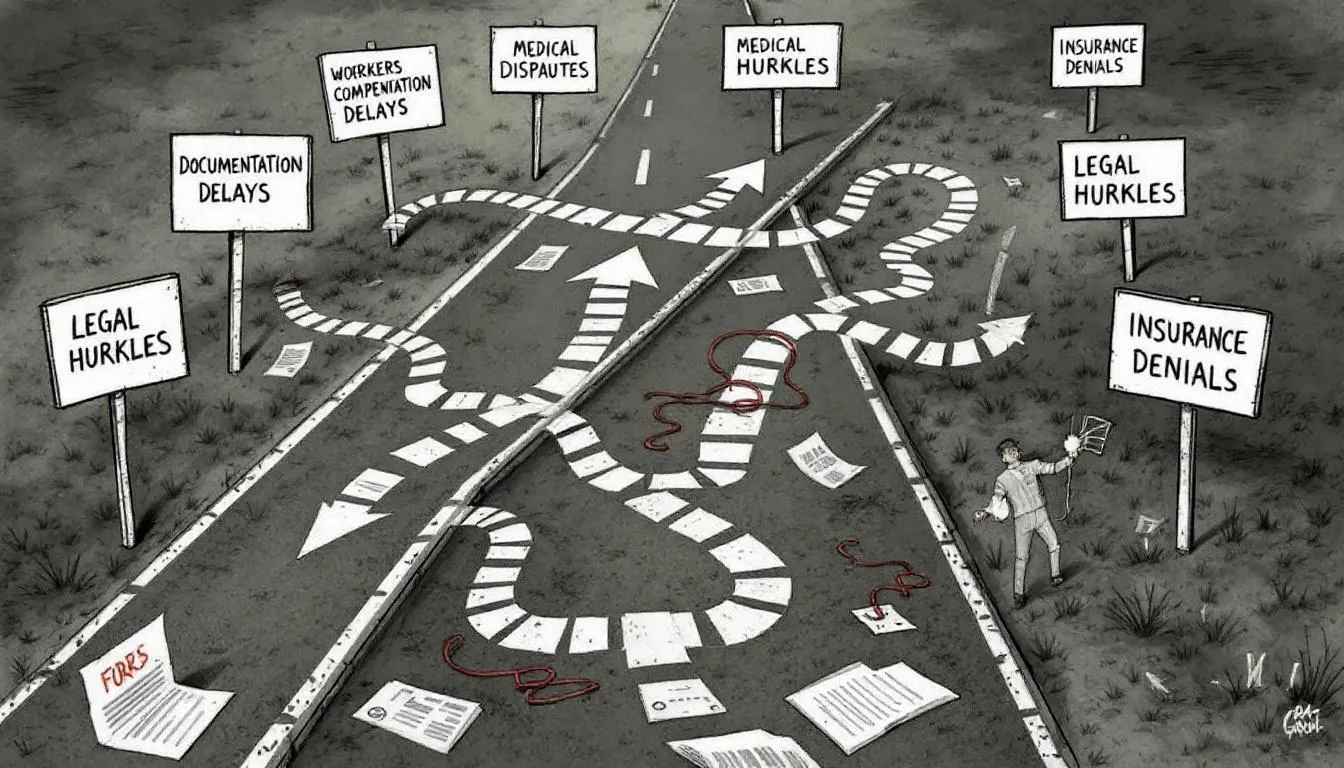 The image illustrates a fork in the road, symbolizing the myriad of challenges faced by injured workers navigating the complex workers compensation system. Each path represents different options and hurdles in pursuing a workers compensation claim, highlighting the importance of legal representation from a workers compensation lawyer to achieve fair compensation.