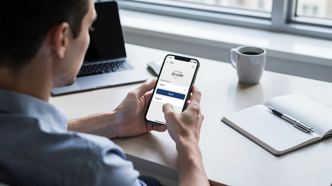 A person is seated at a desk, using a smartphone banking app to transfer money, highlighting the convenience of electronic payments like ACH and wire transfers. The individual appears focused on managing their finances, possibly considering the key differences between ACH transactions and wire transfers for sending money electronically.
