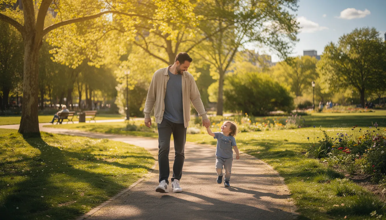 A father and his young child are walking hand in hand through a sunny park, enjoying quality time together. This heartwarming scene captures the essence of fatherhood, as a good dad teaches his children the importance of spending time outdoors and nurturing their relationship.