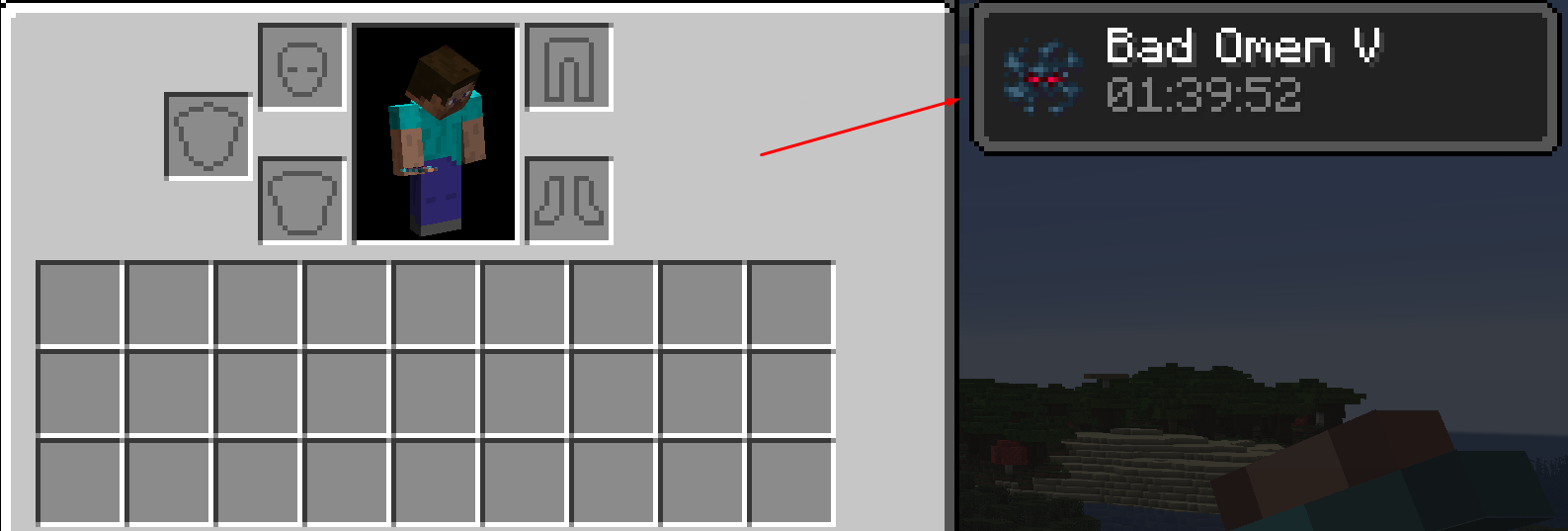 The Bad Omen effect, when applied, will show to the right of your Inventory.