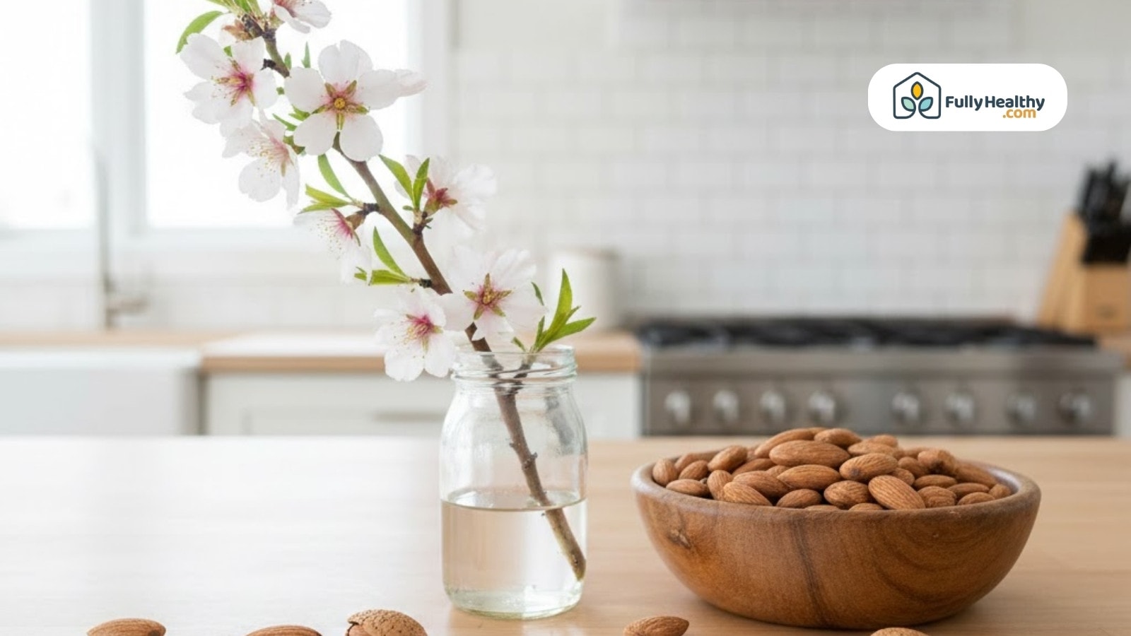 Almond blossoms in jar beside bowl of whole almonds