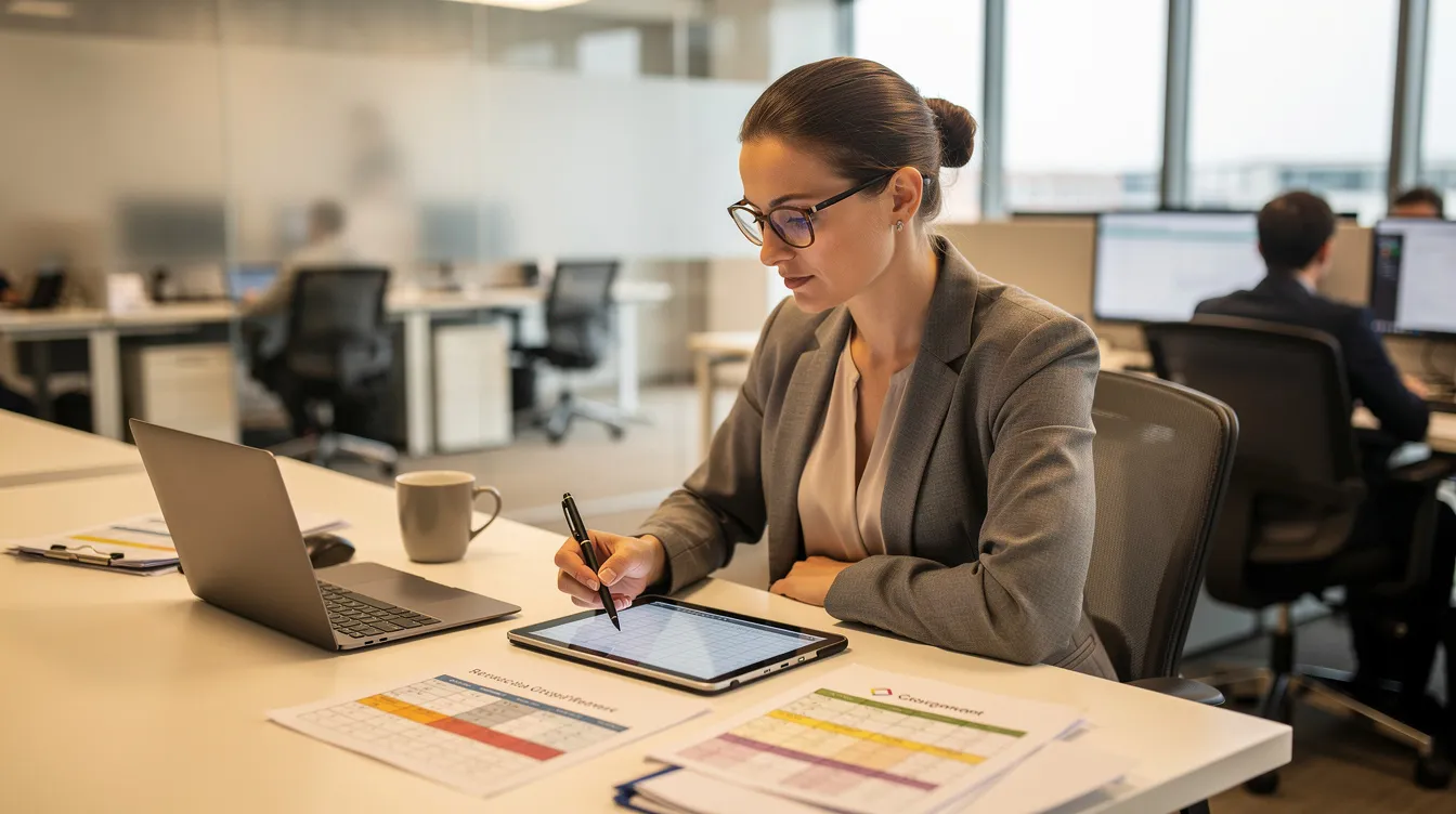 Eine Teamleiterin sitzt an einem Schreibtisch und plant mit ihrem Tablet die Schichten für ihr Team. Im Hintergrund ist ein offenes Büro zu sehen, das eine moderne Arbeitsumgebung symbolisiert, in der effiziente Dienstplanung und Zeiterfassung im Fokus stehen.