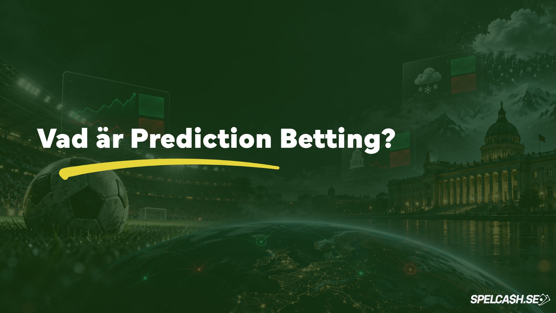 Vad är prediction betting? Illustration med fotboll, politik, väder och marknadsdiagram.