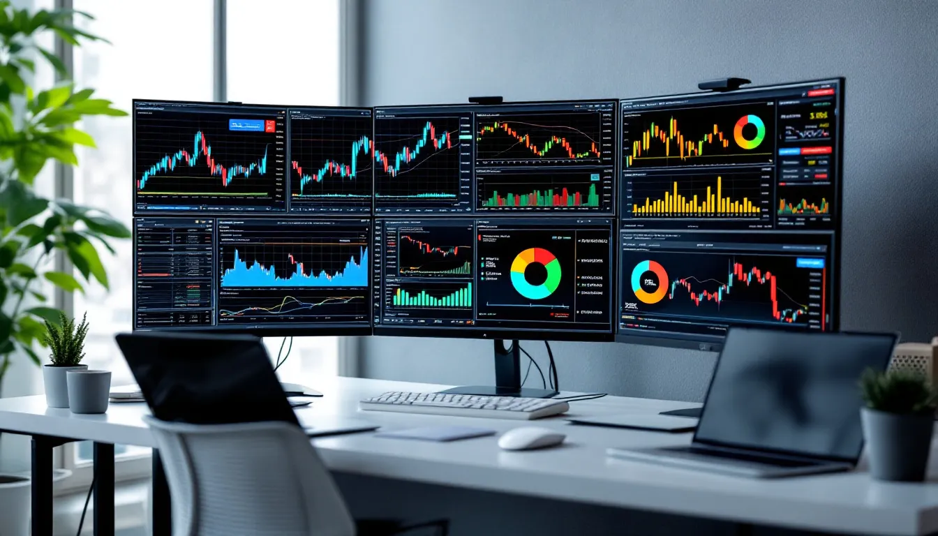 A imagem mostra telas de computador exibindo gráficos e tabelas financeiras com dados de investimentos, incluindo informações sobre fundos imobiliários e suas características. Esses gráficos refletem a análise do mercado imobiliário e os resultados de diferentes tipos de fundos, como fundos de tijolo e FIIs, ajudando investidores a tomar decisões informadas.