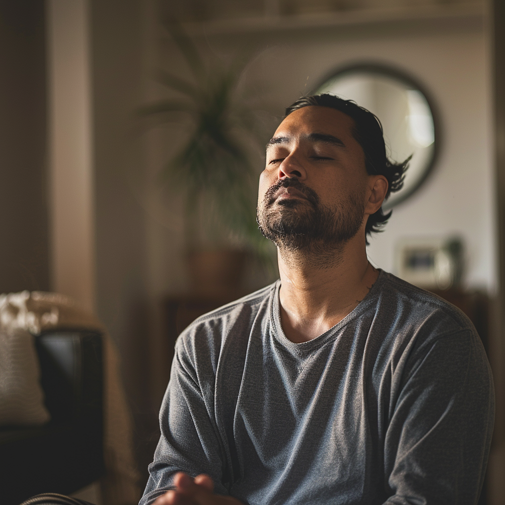 a man doing breathing exercises to stay calm