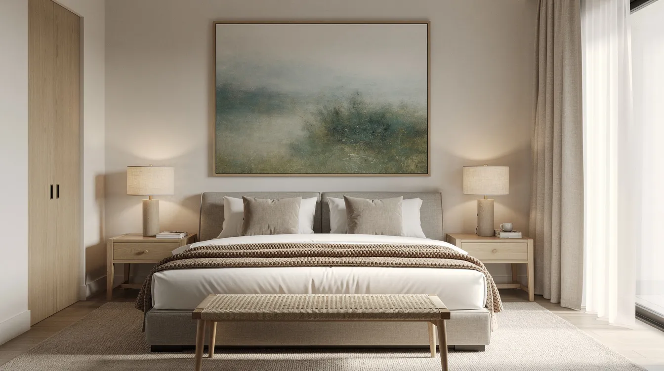 A serene hotel bedroom features a large landscape artwork above the bed, complemented by natural textures that enhance the modern elegance of the guest room. This carefully curated space creates a warm atmosphere, elevating the overall guest experience in the hotel interiors.