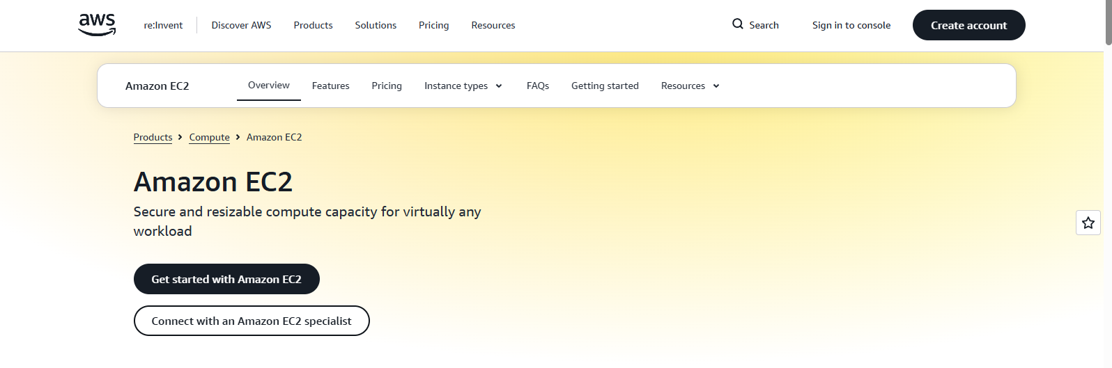 Amazon EC2 homepage showcasing scalable cloud computing infrastructure and virtual machine services for enterprise workloads, a flexible Skytap alternative.