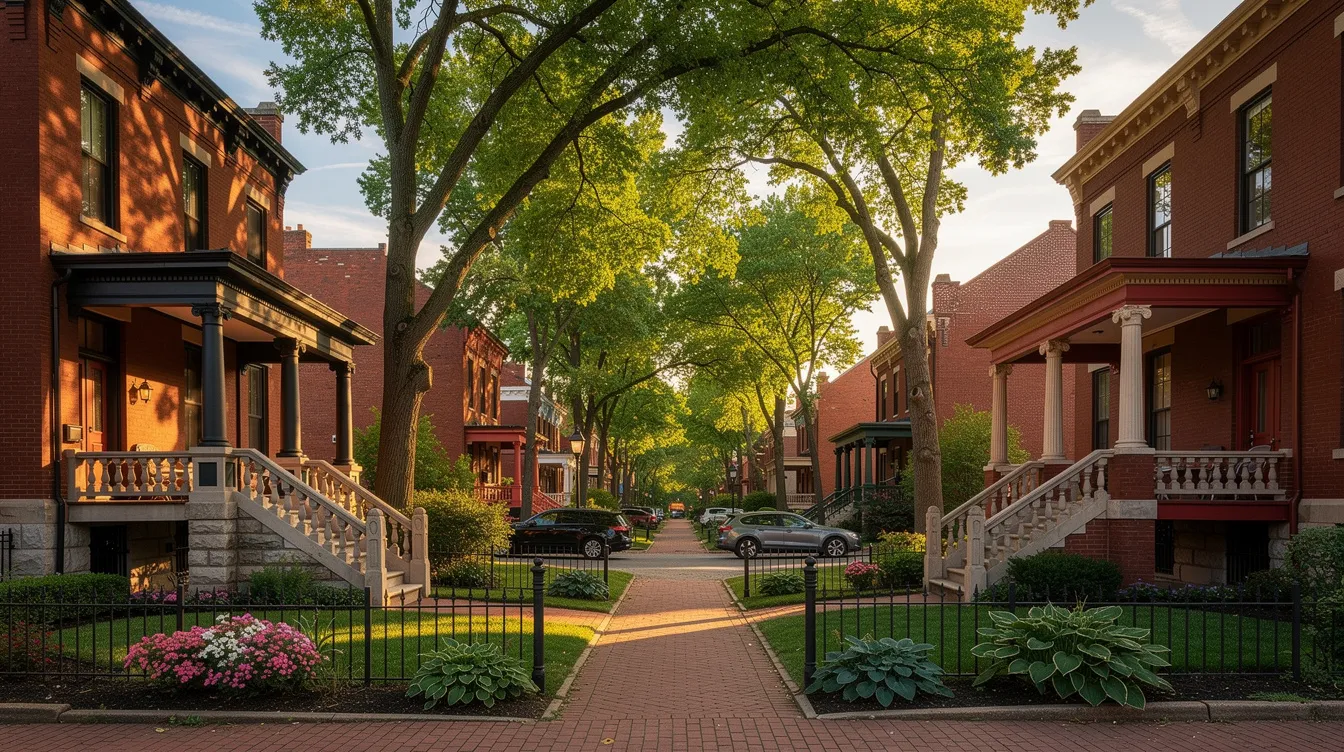 The image depicts a charming tree-lined residential street in St. Louis, featuring historic red brick homes with inviting front porches and lush landscaping, all bathed in warm afternoon light. This picturesque scene highlights the appeal of the Louis market, showcasing properties that are perfect for home sellers looking to create a lasting impression on potential buyers.