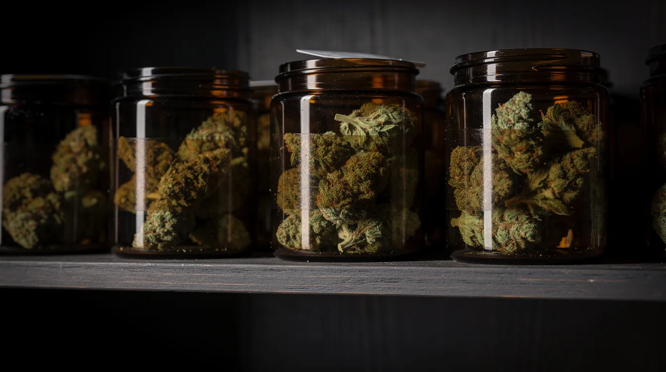 Auf dem Bild sind mehrere braune Glasgefäße mit Cannabisblüten in einem dunklen Regal zu sehen. Diese Gefäße sind wichtig für die Lagerung von Cannabis, um Schimmelbildung und andere Gesundheitsrisiken zu vermeiden.