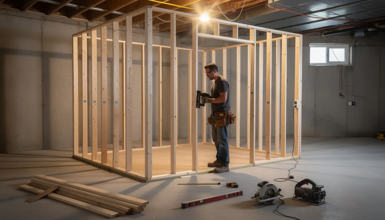 A worker is framing interior walls with 2x4 lumber in a basement space, preparing for the construction of a sauna. The scene showcases the beginning stages of a DIY home sauna project, highlighting the use of sauna material kits for creating a comfortable indoor sauna experience.