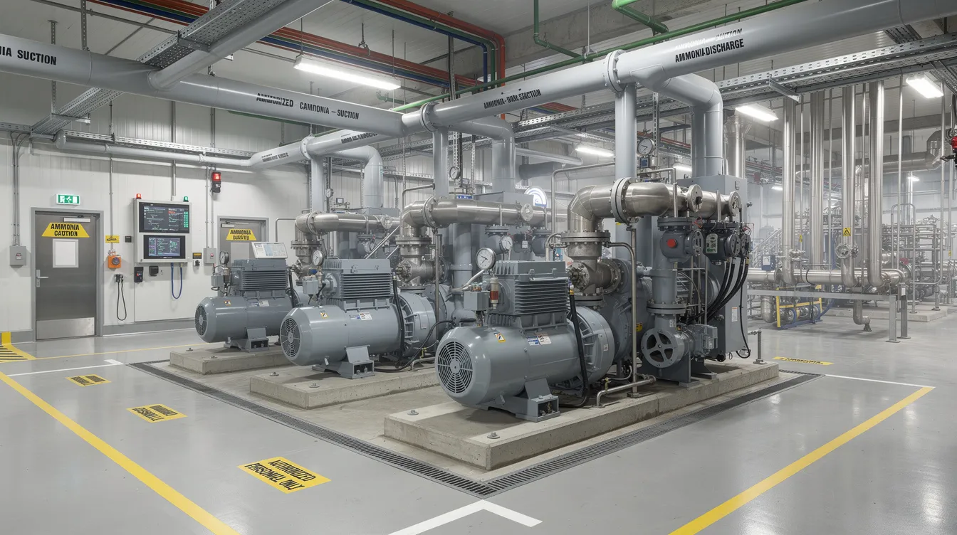 The image depicts an industrial refrigeration compressor room within a dairy processing facility, featuring large ammonia compressors and extensive piping systems essential for maintaining optimal temperatures for milk processing. This setup is crucial for ensuring product quality and safety in the dairy industry.