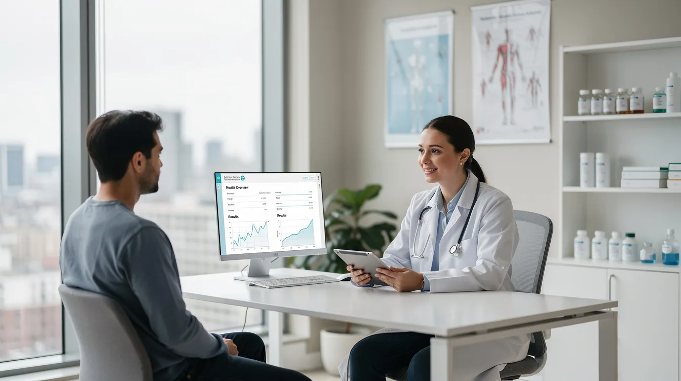 A doctor is consulting with a patient in a modern medical office, discussing strategies for managing chronic conditions and promoting healthy aging. The setting reflects a focus on overall health, including topics like metabolic health and cardiovascular disease, emphasizing the importance of lifestyle changes in treating obesity and diabetes.