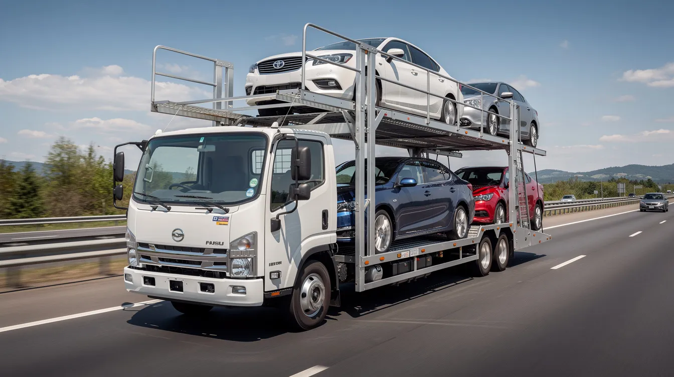 An open car carrier truck is seen transporting multiple sedans along a highway, showcasing the efficient services of car shipping companies. This image highlights the auto transport industry’s ability to move vehicles securely and reliably.