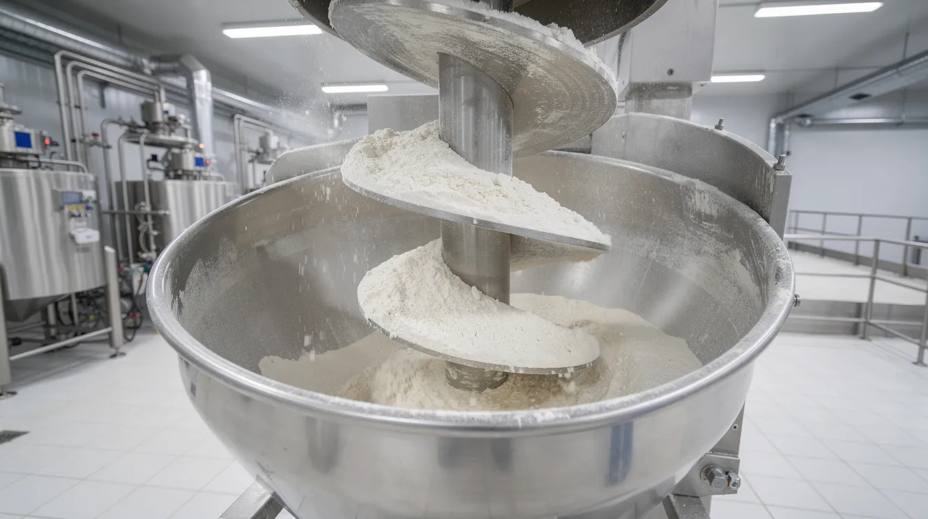 The image depicts an industrial ribbon blender actively mixing various flour ingredients, such as specialty flours and fortified flour blends, inside a food processing plant. This scene highlights the milling process essential for producing high-quality baking applications and prepared flour mixes for food manufacturers.