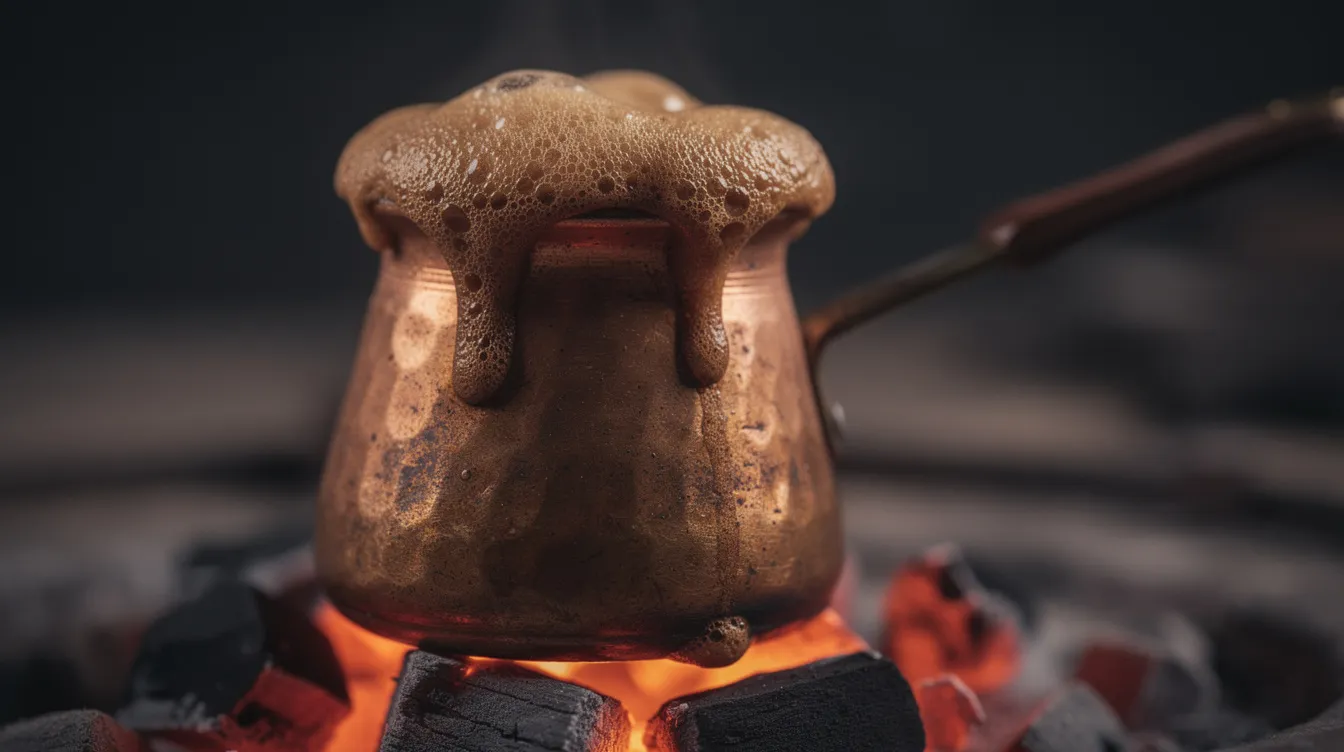 Una tradicional cezve de cobre se encuentra sobre brasas, mientras la espuma del café turco comienza a formarse en su interior. Este método de preparación, que se remonta a la época del Imperio Otomano, destaca por el uso de café molido muy fino y agua fría, creando una bebida rica en sabor y tradición.
