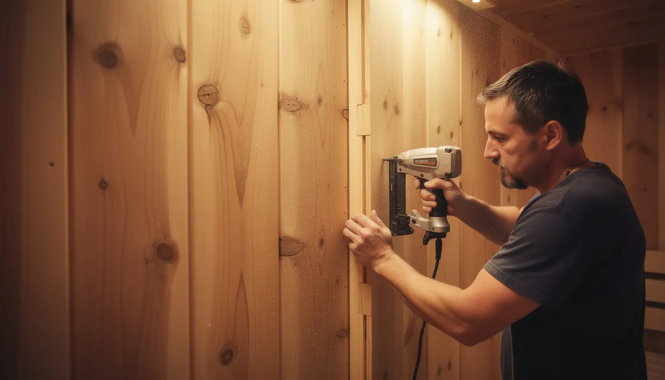 A worker is installing cedar tongue and groove paneling on the walls of a sauna using the blind nailing technique, showcasing the craftsmanship involved in creating a traditional sauna experience. The warm tones of the western red cedar highlight the sauna's inviting atmosphere, essential for a relaxing sauna session.